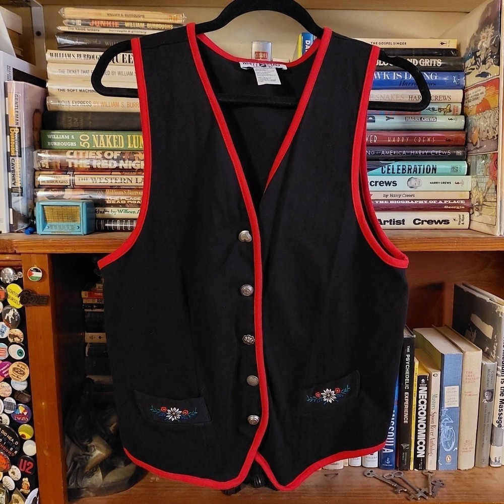Vintage red and black 100% cotton vest with metal buttons and floral detail.